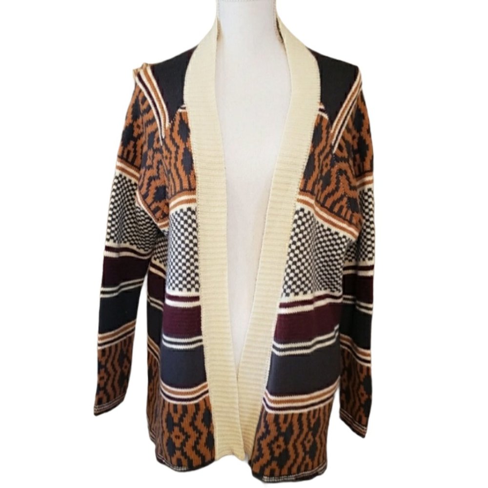 Mix Print Stripe Aztec Long Line Open Cardigan M